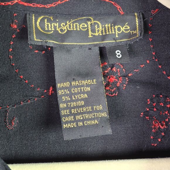 Christine Phillipe Womens Blazer 8 Black Red Floral Embroidered Cotton Pockets - Picture 3 of 15